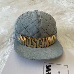 MOSCHINO light wash denim hat with gold logo Sz S NWOT